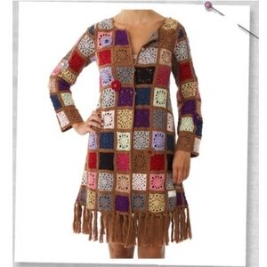 Odd Molly Colorful Crochet Patchwork Dress Or Sweater Jacket with Fringe Size 1